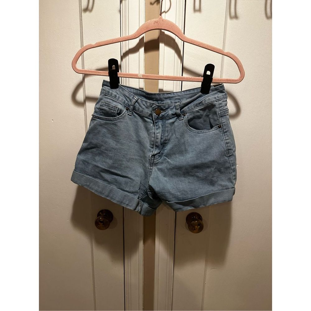 Roswear Womens High Rise Zip Up Midi Hem Denim Jean Shorts with Pocket Small Med